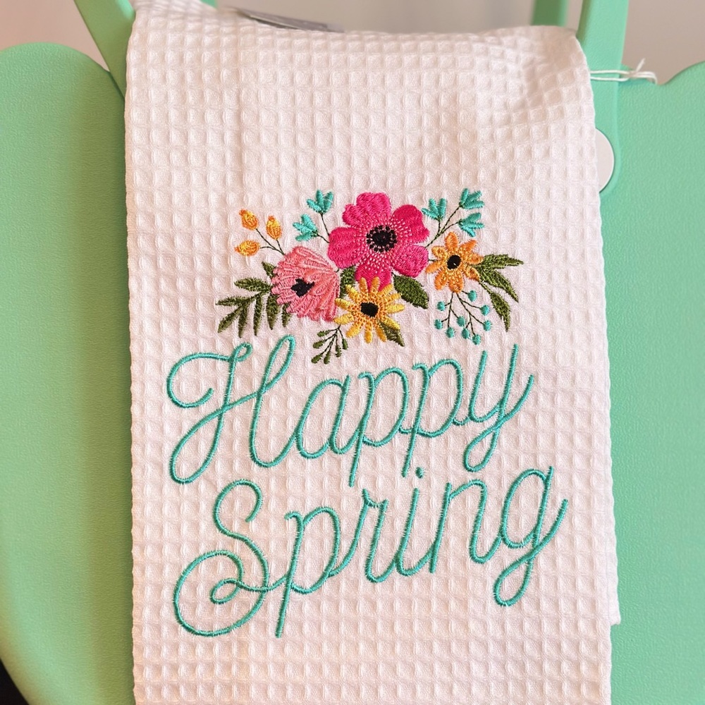 *SOLD OUT* Happy Spring Embroidered Waffle Kitchen Towel